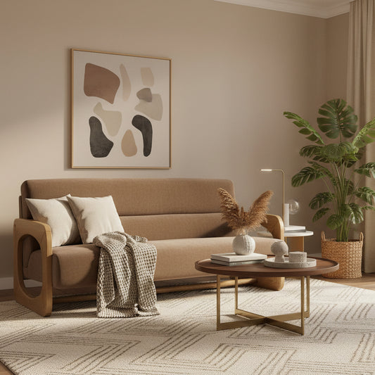 The Gallery Direct Marco 3 Seater Sofa features a sculptural wooden frame with cut out sides, and a generously padded seat and back rest in Verona Sepia coloured fabric, matching armchair and footstool are also available