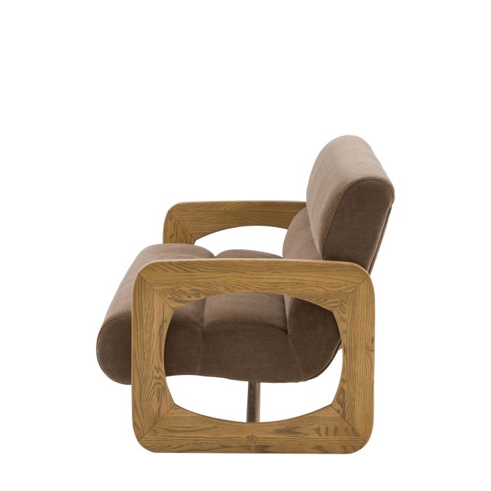 Gallery Direct Marco 3 Seater Sofa features a retro inspired wooden cut out frame and a padded seat upholstered in Verona Sepia coloured fabric