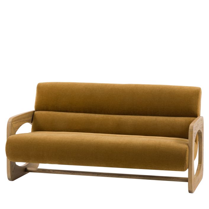 The Gallery Direct Marco 3 Seater Sofa Upholstered in Verona Golden coloured fabric, features a distinctive wooden cut out frame