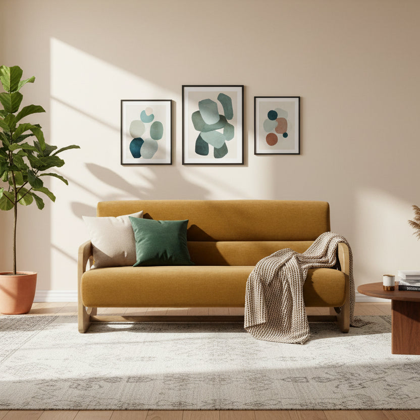 The Gallery Direct Marco 3 Seater Sofa features a retro inspired wooden frame and padded upholstery in Verona Golden colour