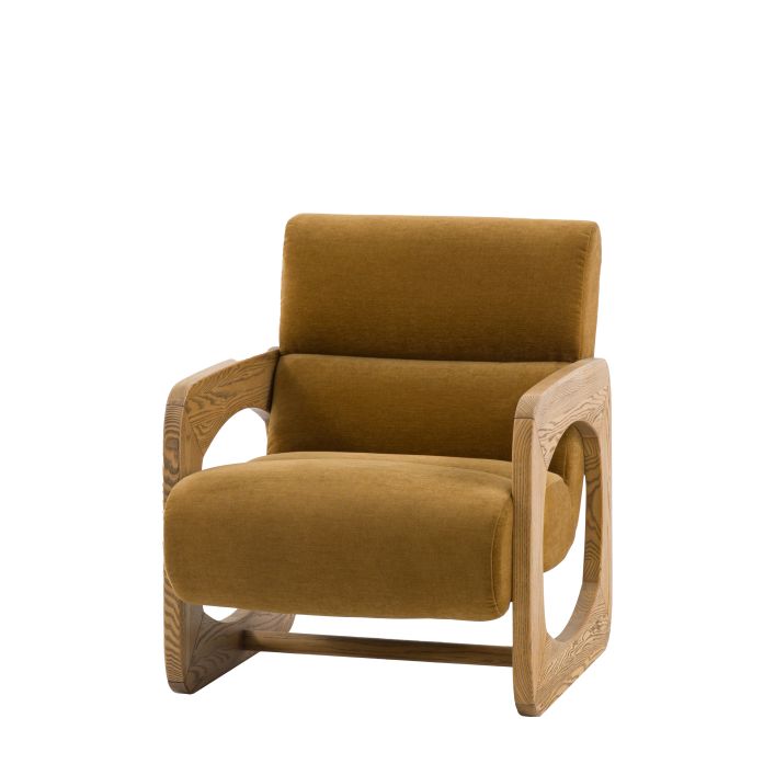 Gallery Direct Marco Armchair in Verona Golden padded fabric, features a retro inspired wooden cut out frame