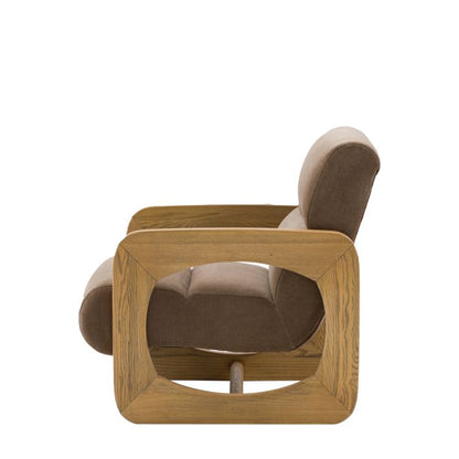 The Gallery Direct Marco Armchair features a generously padded seat, upholstered in Verona Sepia coloured fabric, with a retro inspired wooden frame