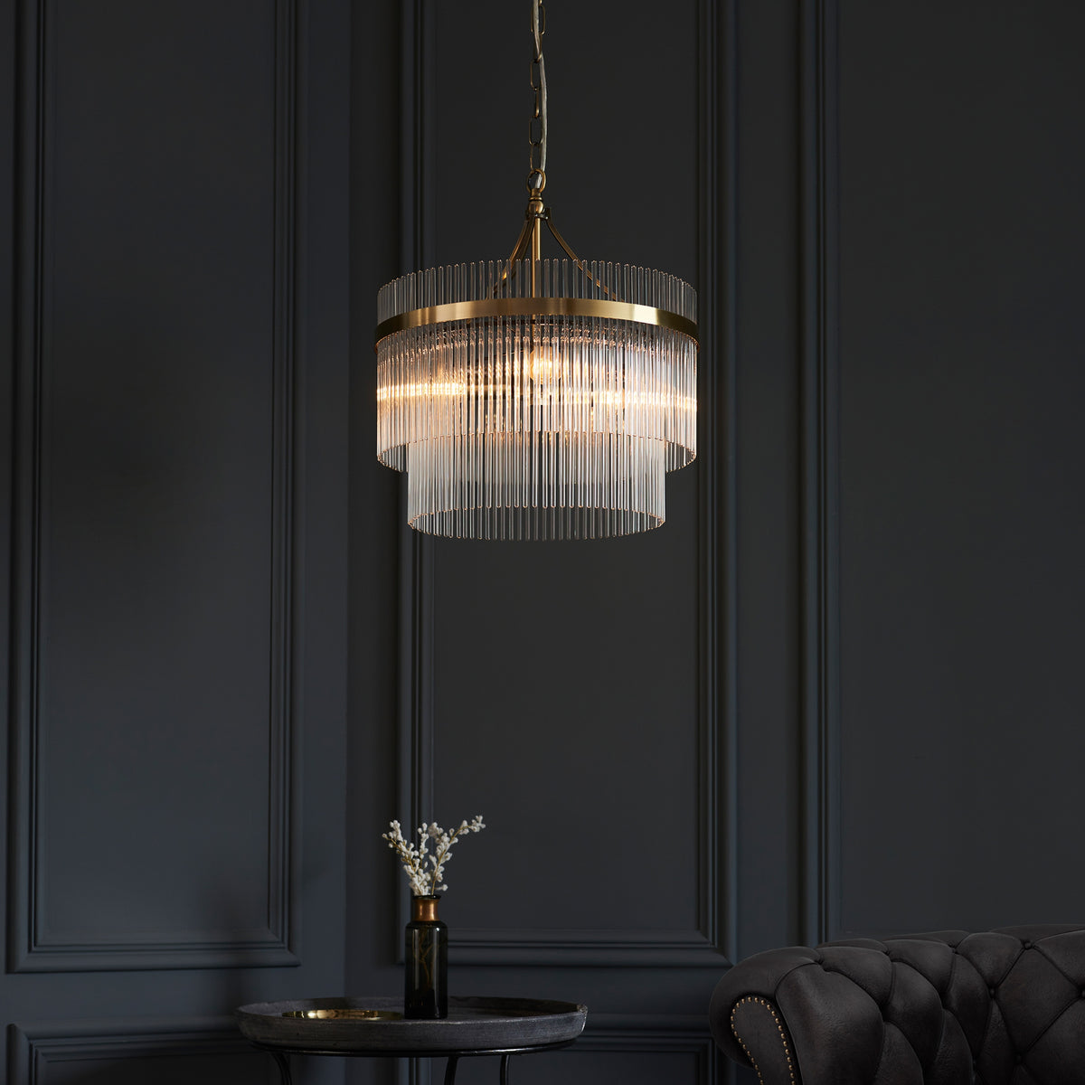 Gallery Direct Marietta 3 Pendant Light Antique Brass, styled in a room setting