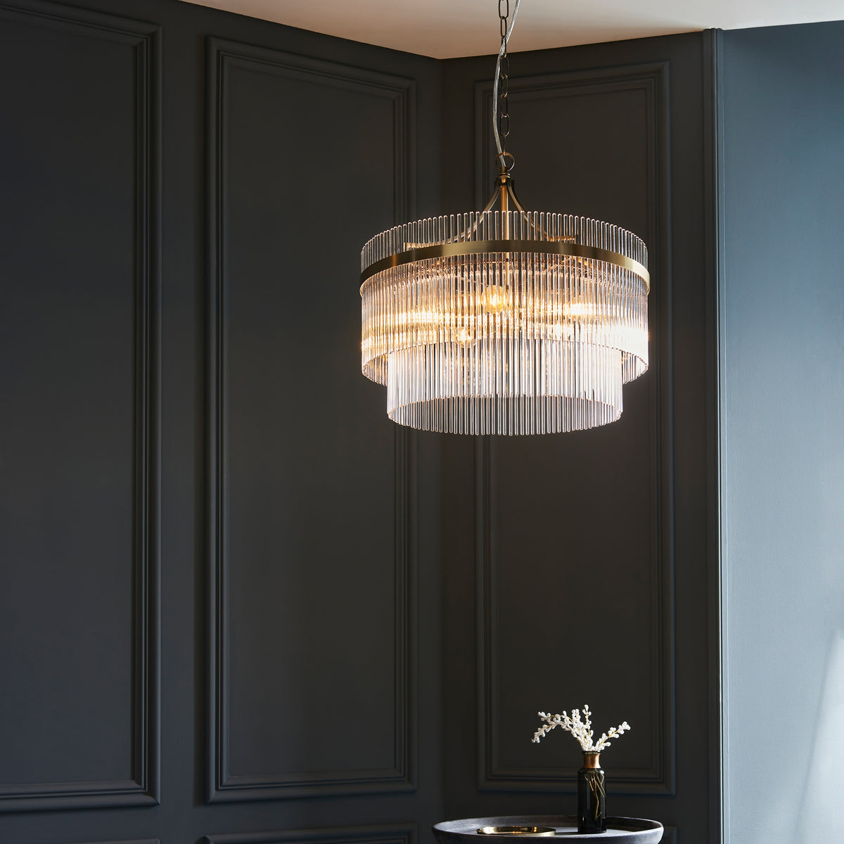 Gallery Direct Marietta 5 Pendant Light Antique Brass, styled in a room setting