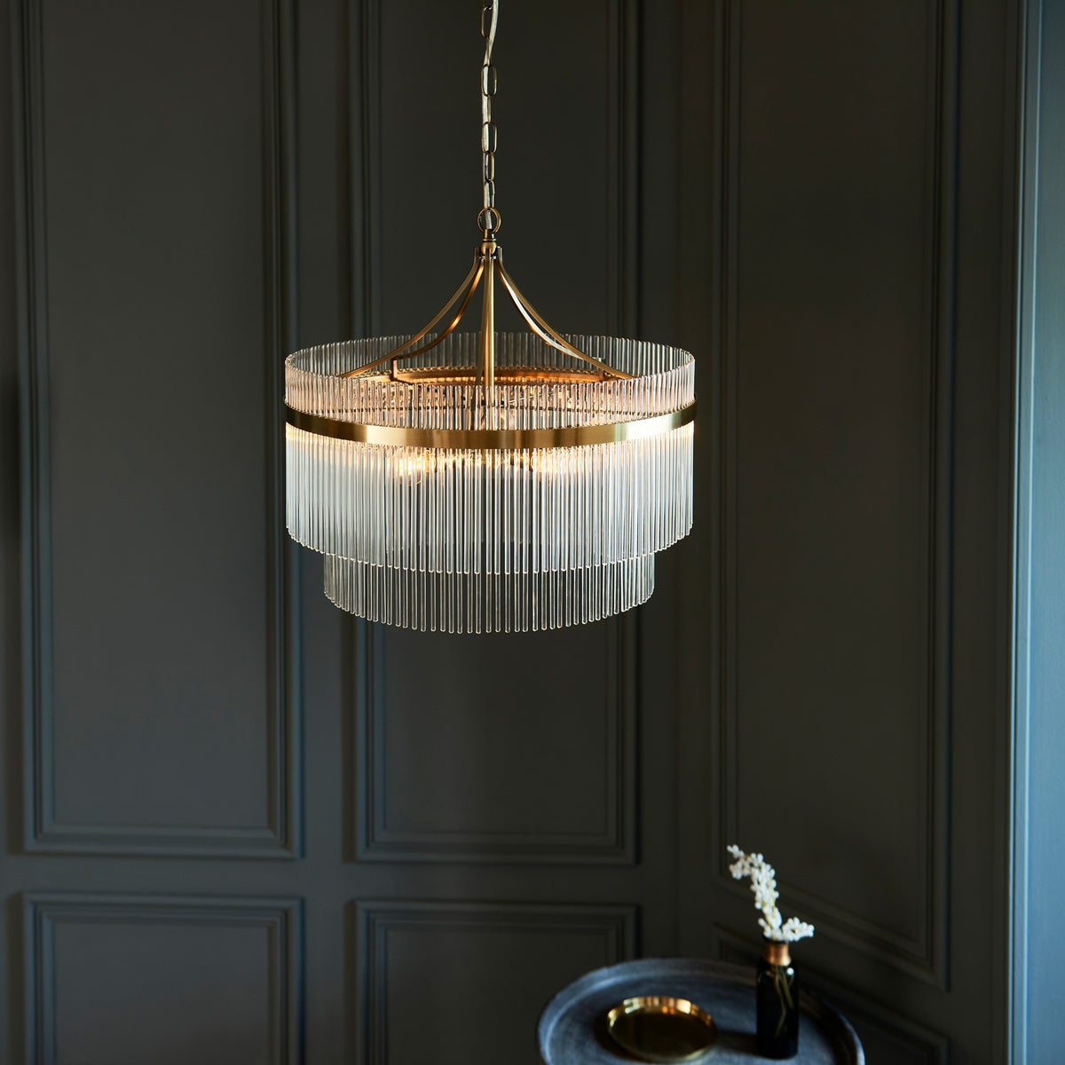 Gallery Direct Marietta 5 Pendant Light Antique Brass, styled in a room setting