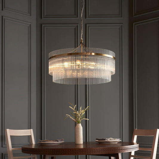 Gallery Direct Marietta Grand 7 Pendant Light Antique Brass, styled in a room setting