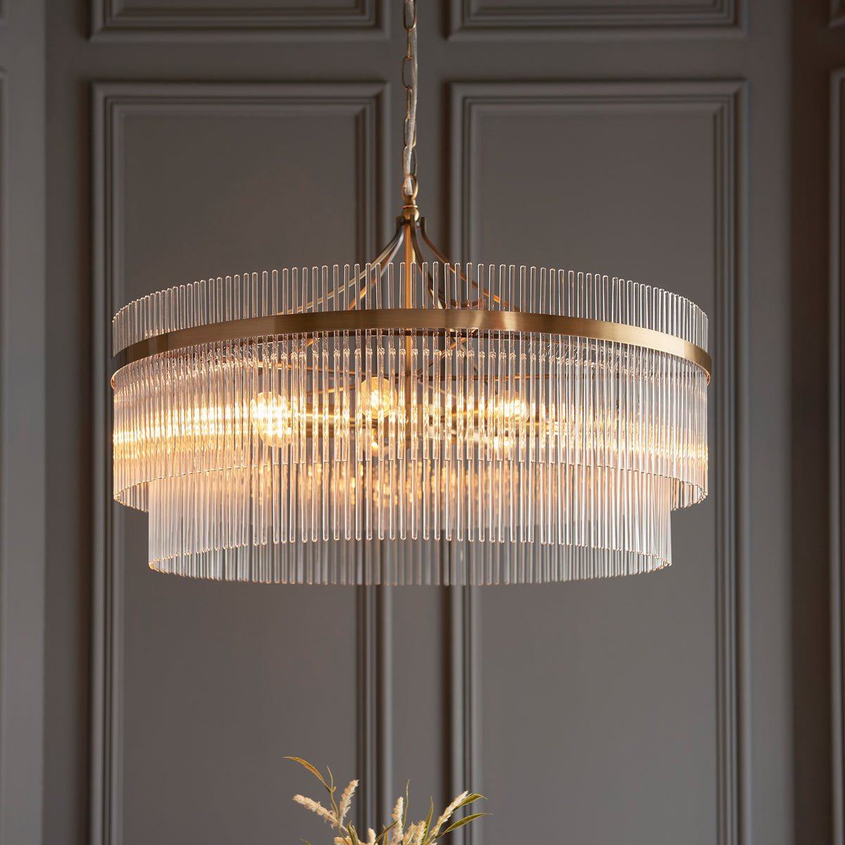 Gallery Direct Marietta Grand 7 Pendant Light Antique Brass, styled in a room setting