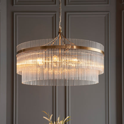 Gallery Direct Marietta Grand 7 Pendant Light Antique Brass, styled in a room setting