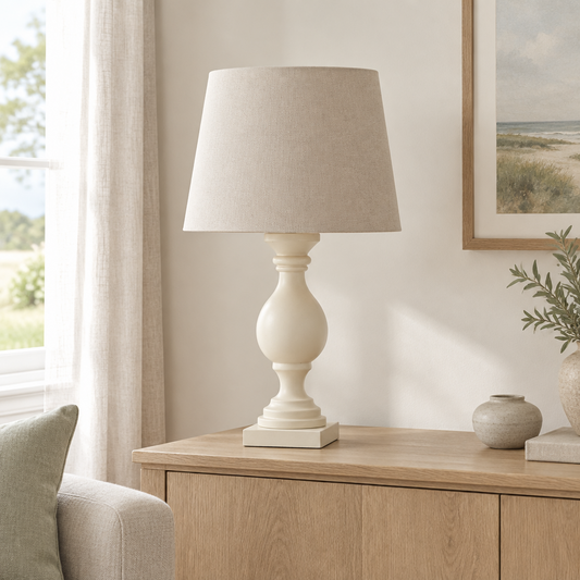 Gallery Direct Marsham Table Lamp Ivory styled on an oak sideboard