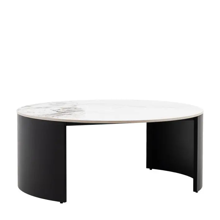 Gallery Direct Marzio Coffee Table features a round marble table top and black metal, curved legs