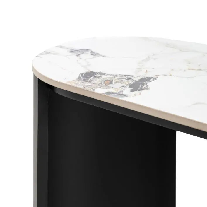 Gallery Direct Marzio Console Table features sleek black metal legs and a stunning Carrara marble stone table top 