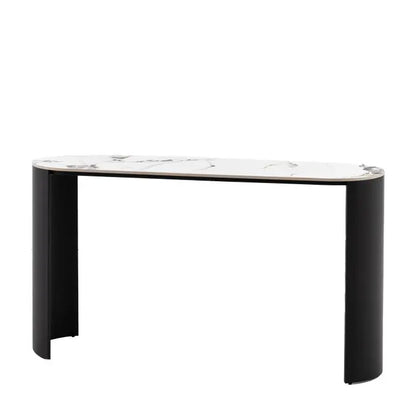 The Gallery Direct Marzio Console Table features a contemporary design and a curved silhouette with black metal legs, and a luxurious Carrara marble top