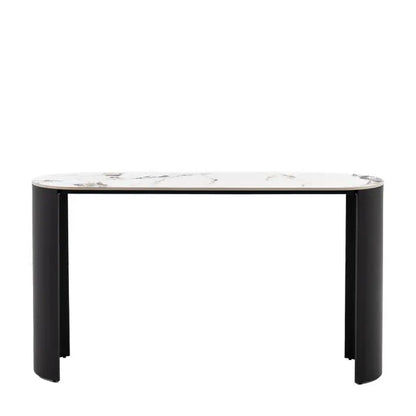 Gallery Direct Marzio Console Table features a gently curved silhouette, sleek black metal legs, and a stunning marble stone table top 