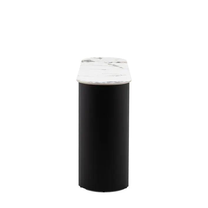 Gallery Direct Marzio Console Table has a gently curved silhouette with black metal legs and a Carrara marble style stone table top with individual veining