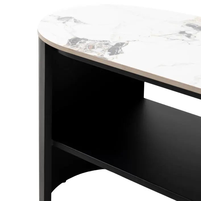 Gallery Direct Marzio Media Unit with a Carrara marble top and matt black metal  curved frame with open shelf
