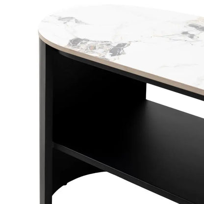 Gallery Direct Marzio Media Unit with a Carrara marble top and matt black metal  curved frame with open shelf