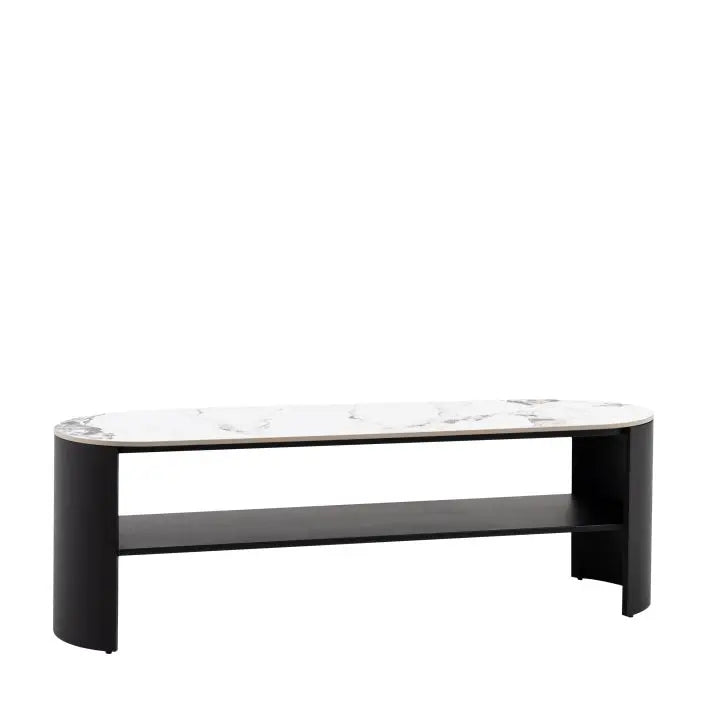 Gallery Direct Marzio Media Unit measures 140cm and features a Carrara marble stone table top, curved matt black metal legs and a middle open shelf for media equipment