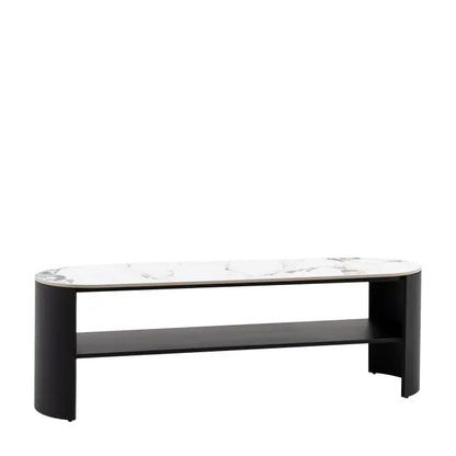 Gallery Direct Marzio Media Unit measures 140cm and features a Carrara marble stone table top, curved matt black metal legs and a middle open shelf for media equipment