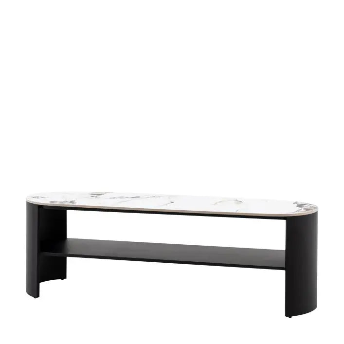 The Gallery Direct Marzio Media Unit features a Carrara marble stone table top with natural veining, and a matt black metal frame with middle shelf for media equipment