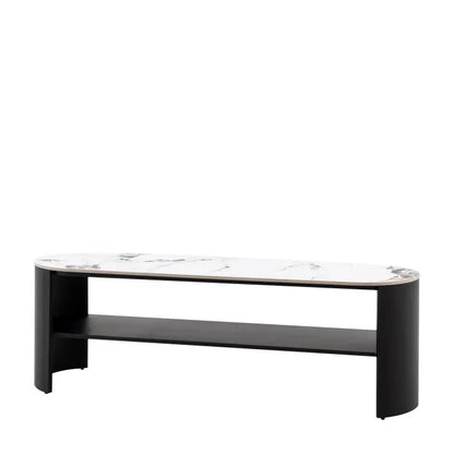 The Gallery Direct Marzio Media Unit features a Carrara marble stone table top with natural veining, and a matt black metal frame with middle shelf for media equipment