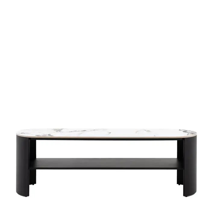 Gallery Direct Marzio Media Unit with Carrara marble table top and black curved metal frame 