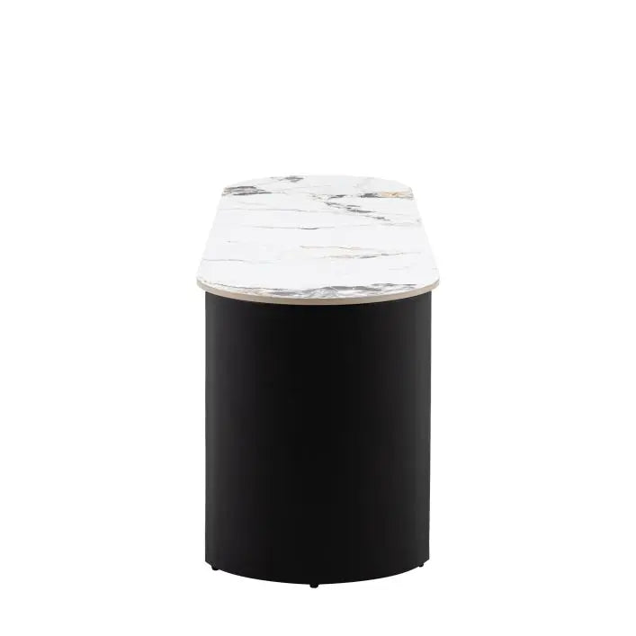 Gallery Direct Marzio Media Unit features a Carrara marble stone table top and curved matt black metal legs