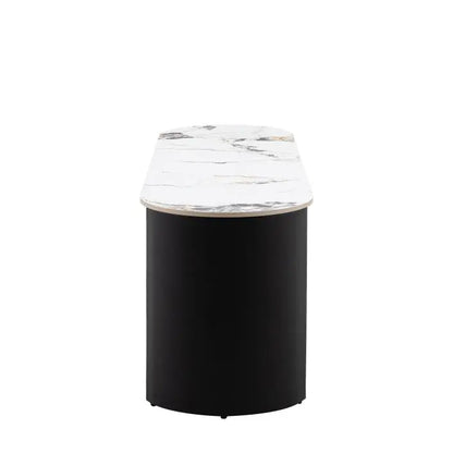Gallery Direct Marzio Media Unit features a Carrara marble stone table top and curved matt black metal legs