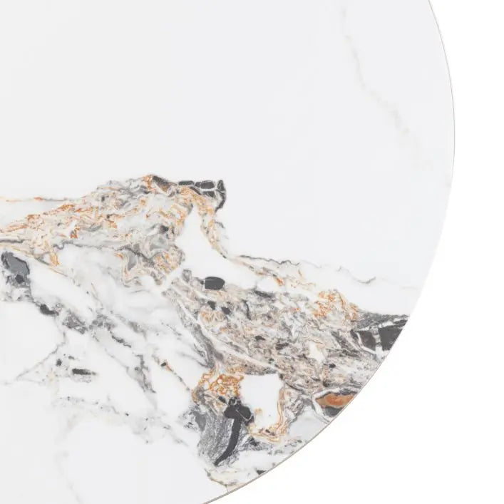 The Gallery Direct Marzio Side Table features a Carrara marble-style round stone table top with natural veining 