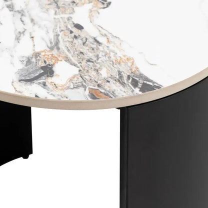 Gallery Direct Marzio Round Side Table with a Cararra marble stone table top and curved black metal legs  