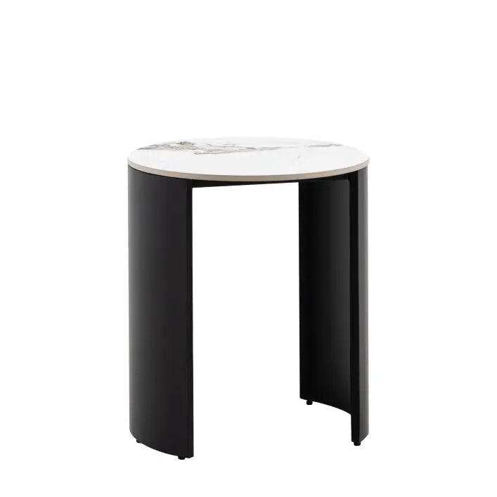 Gallery Direct Marzio Side Table with a round Carrara stone table top and black metal curved legs