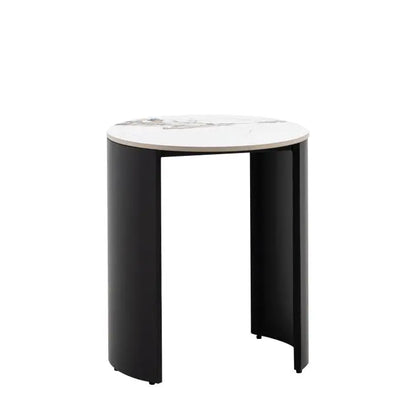 Gallery Direct Marzio Side Table with a round Carrara stone table top and black metal curved legs