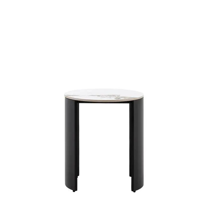 Gallery Direct Marzio Side Table is a round table with a Carrara marble stone top and black metal legs