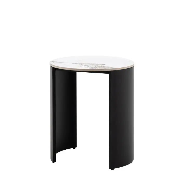 Gallery Direct Marzio Side Table features black curved legs and a round Carrara marble stone table top with natural veining 