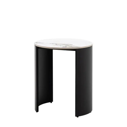 Gallery Direct Marzio Side Table features black curved legs and a round Carrara marble stone table top with natural veining 