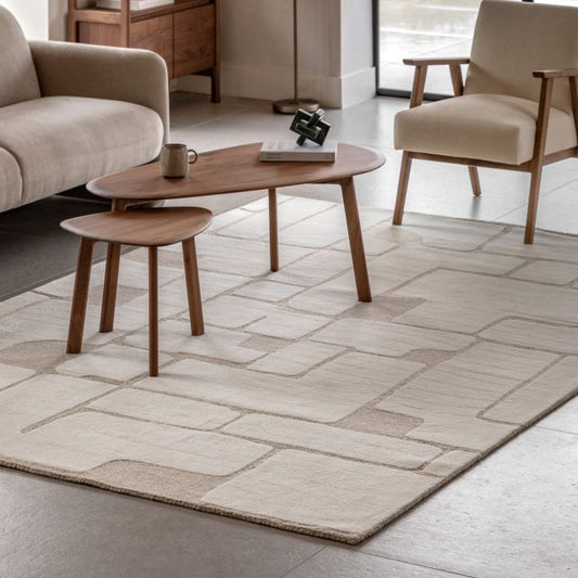 Gallery Direct Montauk Hand Tufted Small Rug measures 1600x2300mm and features a neutral colour palette with a modern graphic design