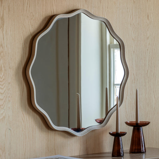Gallery Direct Monterey Wave Round Mirror Smoke displayed in a styled interior