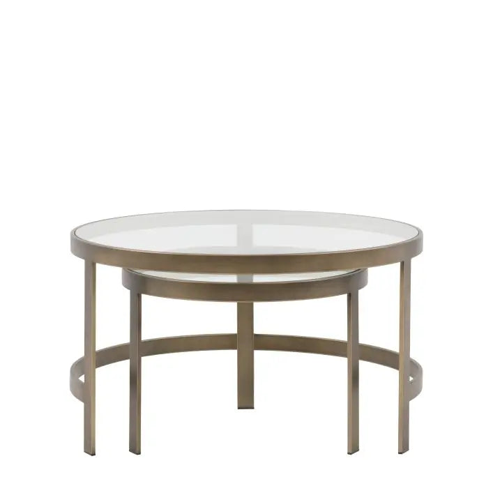 Gallery Direct Monti Nest of Tables features 2 round tables that tuck underneath each other, with glass table tops and metal legs