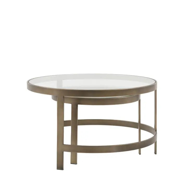 Gallery Direct Monti Nest of 2 Round Glass Topped Tables with bronze toned metal frames that tuck neatly underneath each other