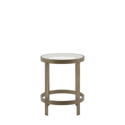 The Gallery Direct Monti Side Table has a round toughened glass table top and a bronze slender frame