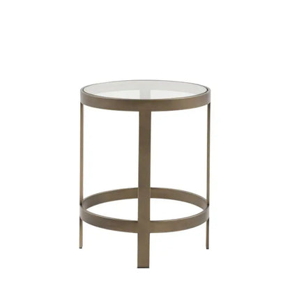 The Gallery Direct Monti Side Table has a round toughened glass table top and bronze metal frame 