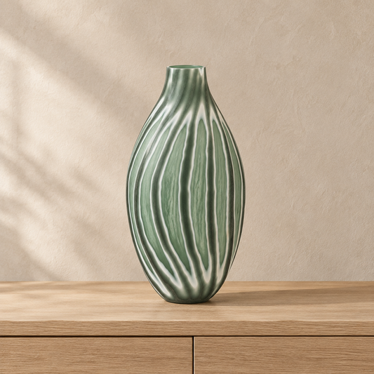Gallery Direct Morella Swirl Hand Carved Glass Vase Sage Large displayed on an oak console in a softly lit neutral interior