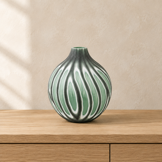 Gallery Direct Morella Swirl Hand Carved Glass Vase Sage Small displayed on an oak console in a softly lit neutral interior
