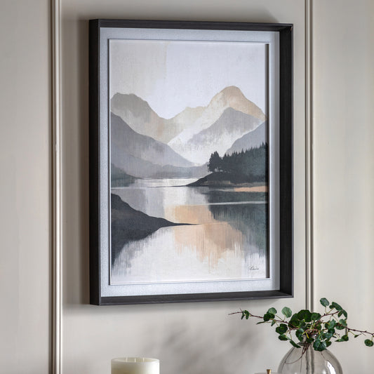 Gallery Direct Mountain Reflections Framed Canvas displayed in a styled interior