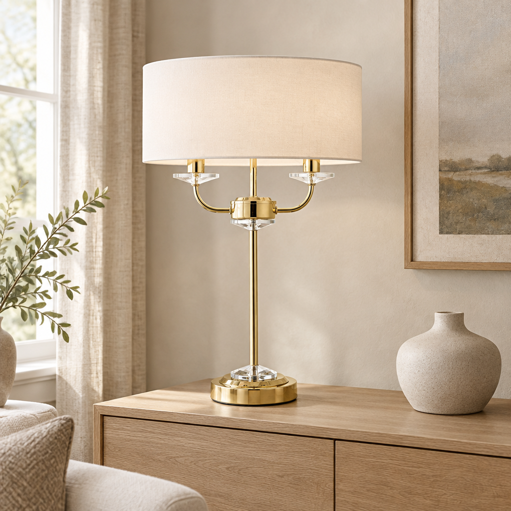 Gallery Direct Nixon Table Lamp Brass styled on an oak sideboard