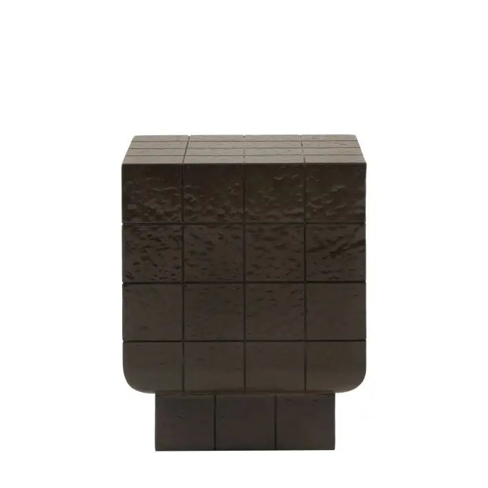 Gallery Direct Novara Square Top Side Table constructed using reinforced glass concrete in a charcoal brown glaze, with a faux tile pattern