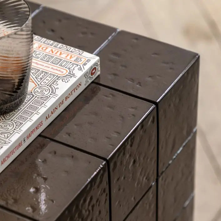 Gallery Direct Novara Square Top Side Table with a faux tile design in a charcoal brown glaze