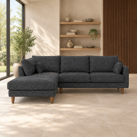 Gallery Direct Oakwood Chaise LH Sofa in Celine Battleship upholstery, shown with its left-hand chaise in a softly lit contemporary living room.