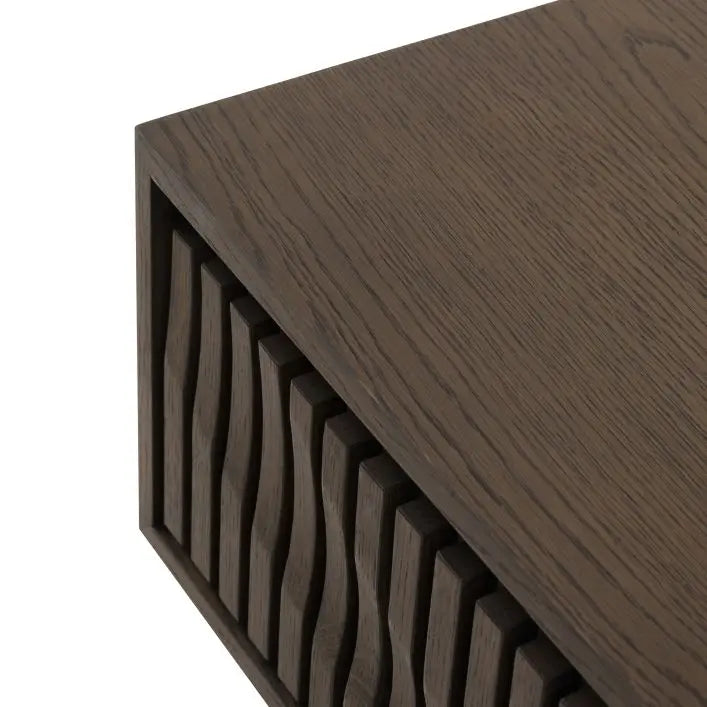 Gallery Direct Onda 1 Drawer Coffee Table crafted from solid oak and veneers in a charcoal brown finish with a slatted wave design to the front drawer