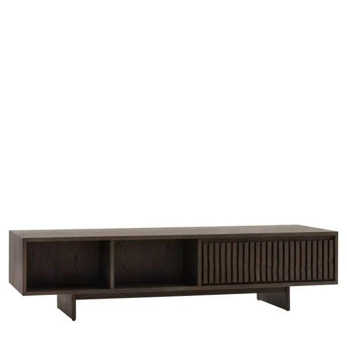 Gallery Direct Onda 1 Drawer Coffee Table features a single drawer with slatted pattern to the drawer front, and a partitioned shelf on the other side, in a dark wood frame