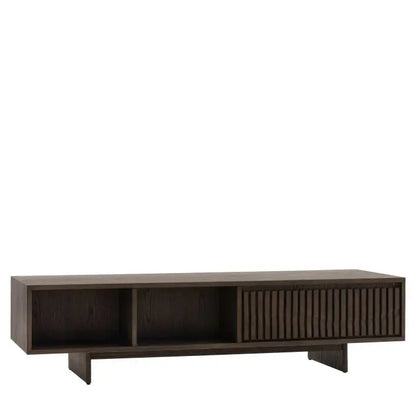 Gallery Direct Onda 1 Drawer Coffee Table features a single drawer with slatted pattern to the drawer front, and a partitioned shelf on the other side, in a dark wood frame